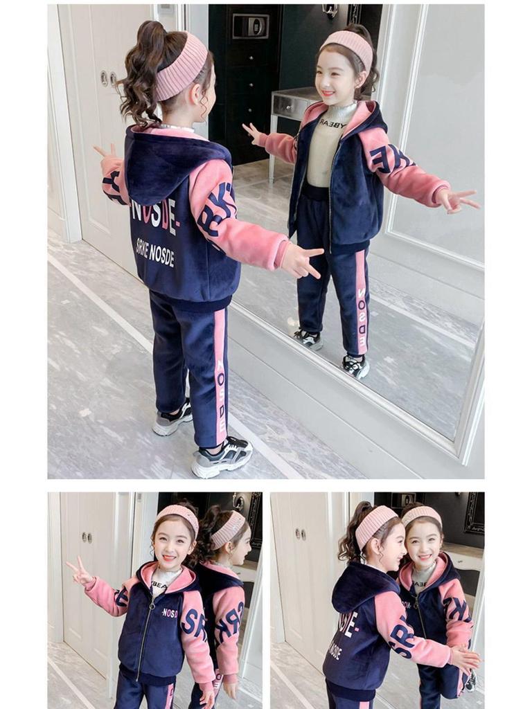 Conjunto de Sudadera y Pantalón de Vellón de Terciopelo para Niñas - Grueso, Doble Cara, Ropa Deportiva Casual para Primavera a Invierno