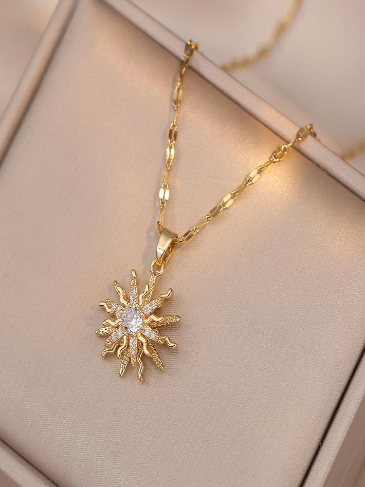 

Rotating Flower Pendant Stainless Steel Chains Necklaces For Women Antique Gold Color White Zircon Sun Clavicle Necklace Jewelry 40cm золотистый