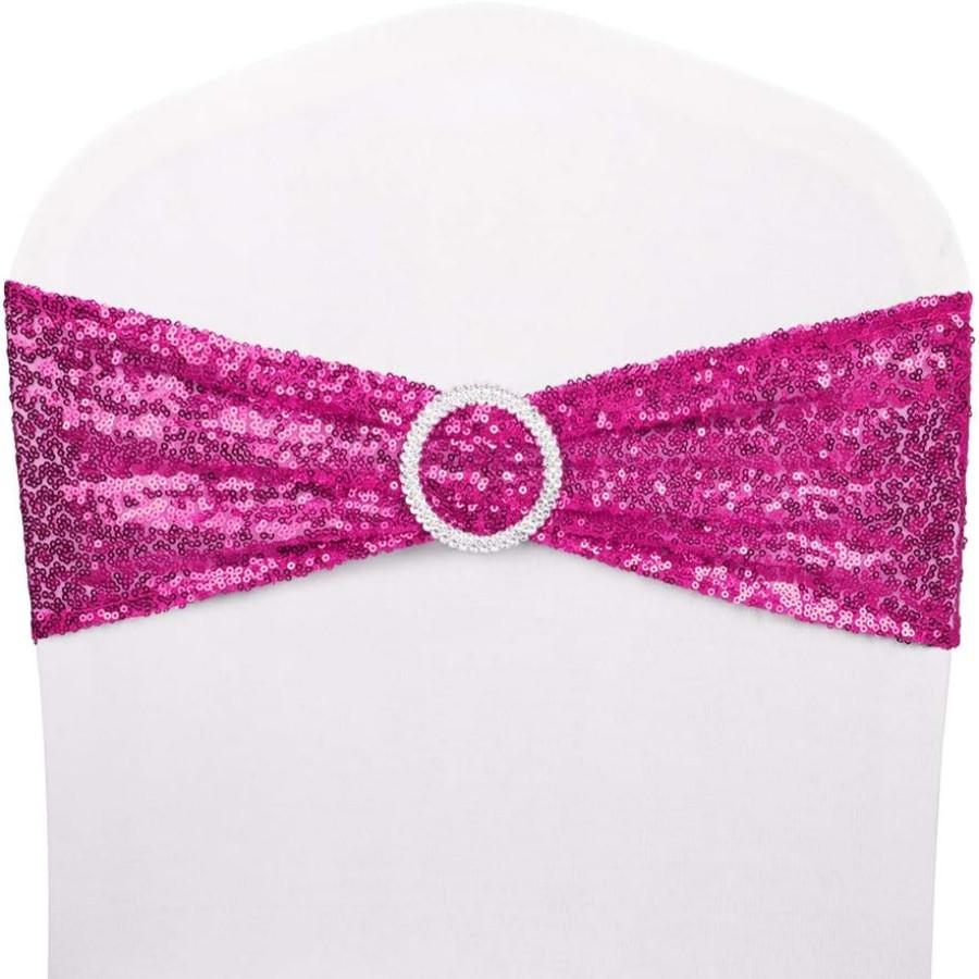 50pcs Chair Sashes Sequin Stretchy Spandex Band with Silver Buckles Decorative Bows One-Sided Sequins Decor for Wedding Party