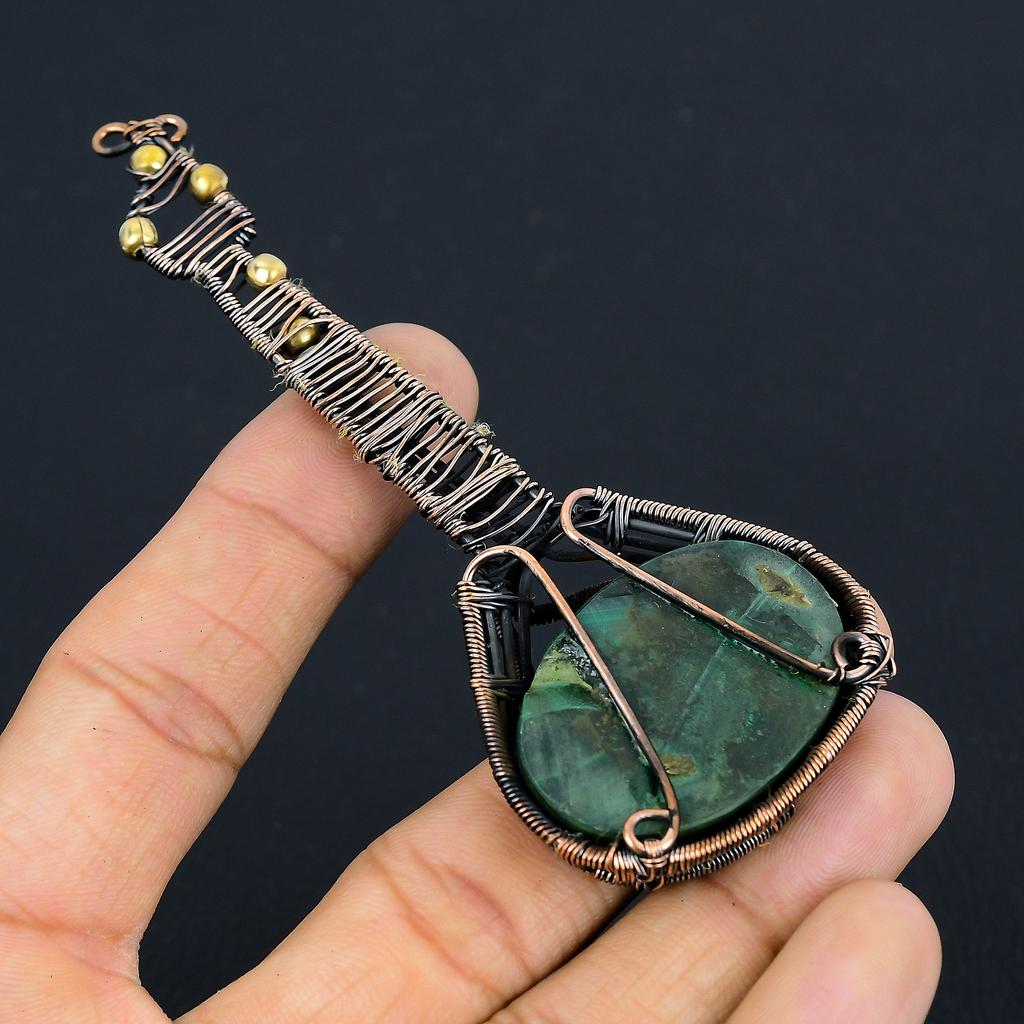 Guitar Malachite Handmade Copper Wire Wrap Jewelry Pendant 4.33 M0u90