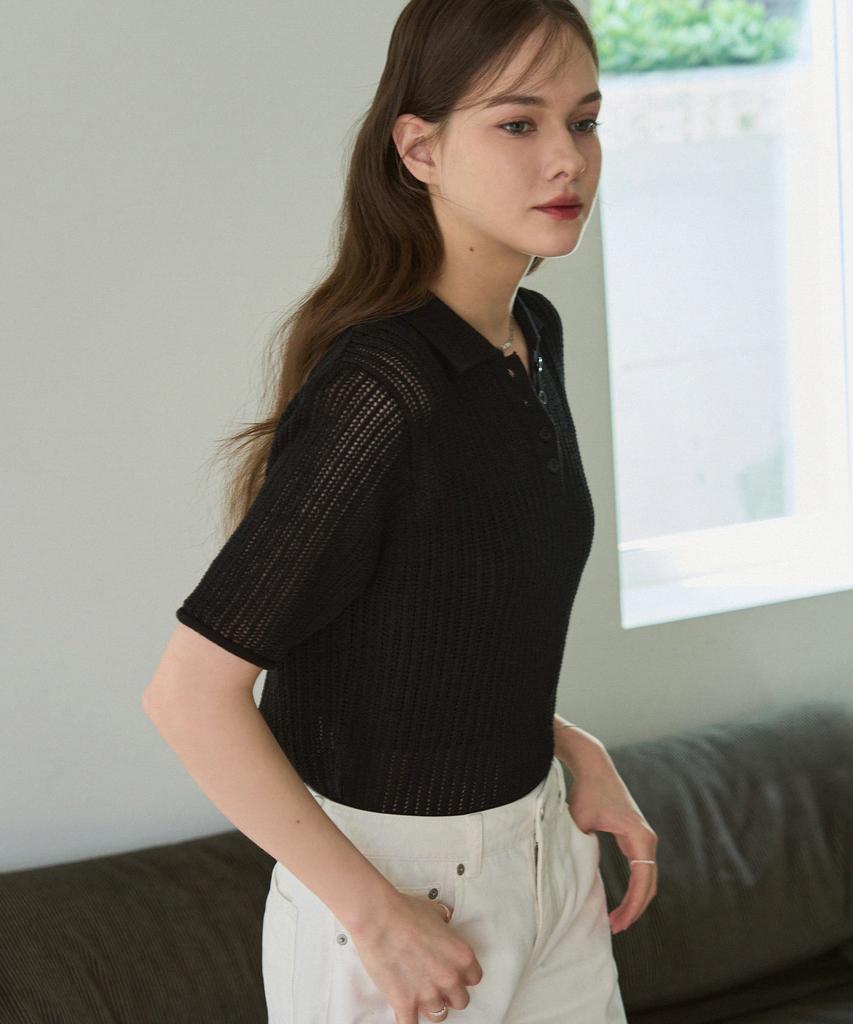 Deuloupisumeon Curly Collar Cotton Short Sleeve Knit [Black]