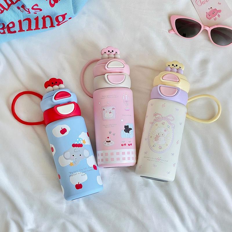 Tecknad Vakuumtermos Vattenflaska För Skolan 316 Rostfritt Stål Dubbelväggig Isolerad Flaska Dubbel Sugrörsmugg