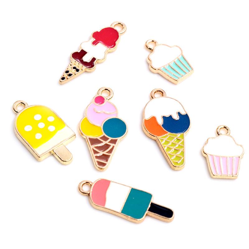 10pcs Summer Dessert  Alloy Metal Drop Oil Ice Cream Charms Pendant For DIY Bracelet Necklace Jewelry Making Finding