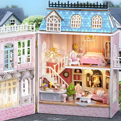 Wooden Dollhouse Assembly Model Pink Princess Villa Architecture Kit 3D Puzzle DIY Doll House Toy Home With Furniture LED Lights