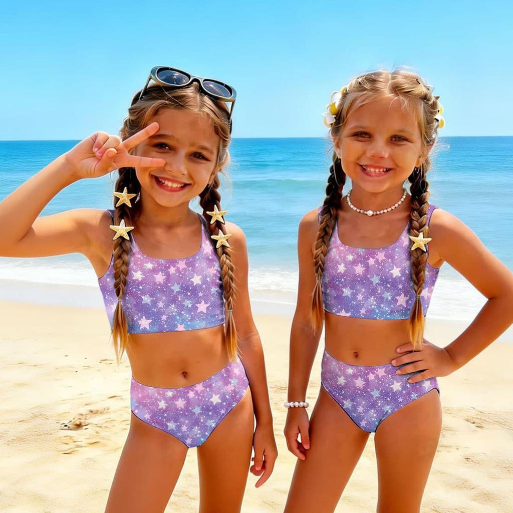 Girls Two Piece Swimsuit Set Tankini Top and Bottom Star Print Summer Beach Swimwear for Kids Lightweight Comfortable Fit