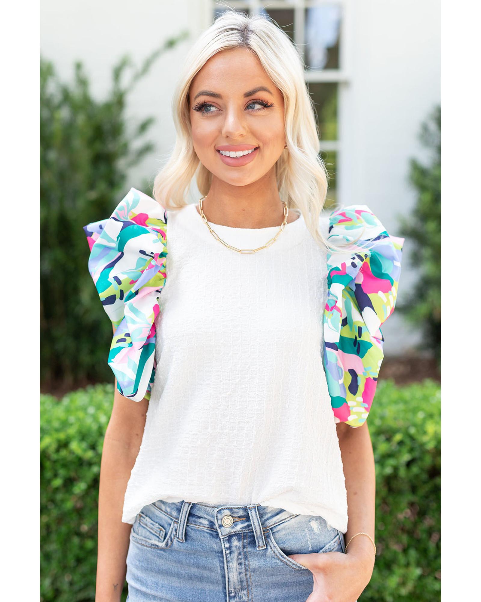 

Azura Exchange Printed Puff Sleeve Textured Top S білий