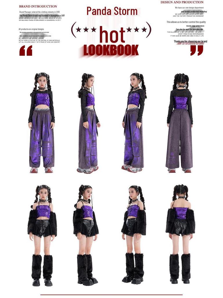 Mädchen Trendiges Pailletten Jazz Tanz Bandeau und Lange Hose Set - Street Dance Performance Kostüm