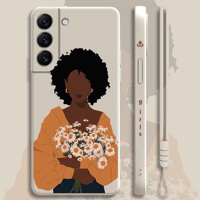 Pretty African Girl Daisy Flower Butterfly Liquid Case For Samsung Galaxy S22 S21 S20 Fe Ultra S10 S9 S8 Plus S10e Note 20 Lite