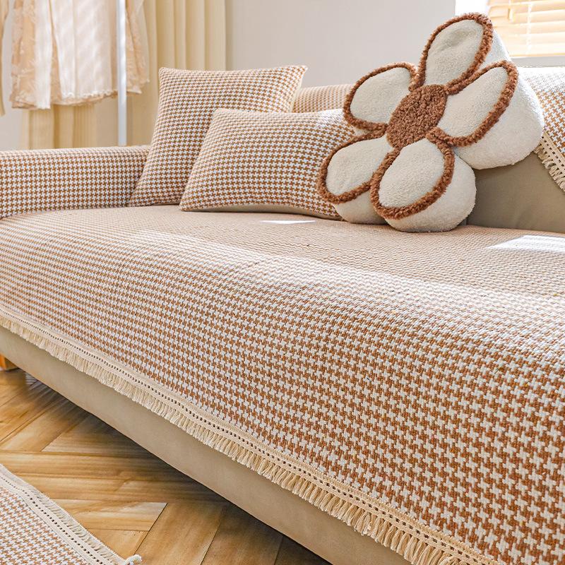 New Thousand Bird Grid Cotton Linen Sofa Cover Couch L Shaped Combination Furniture Anti-slip Full Coverage Cushion Settee Towel