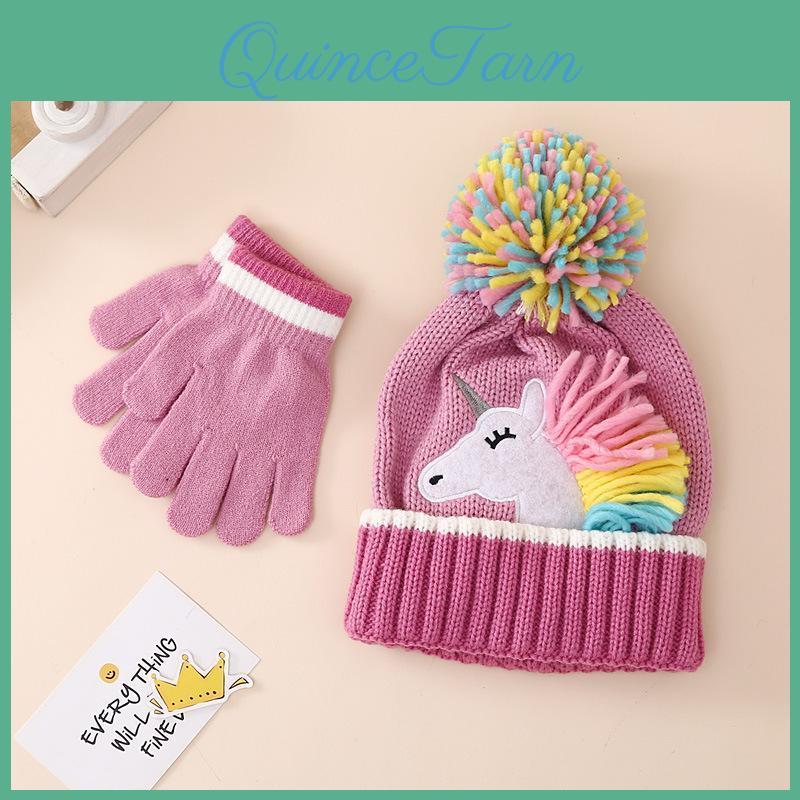 Unicorn Beanie For Set Mittens Kids Girl Cute Fashion Plush Fleece Lined Winter Hat With Gloves Cartoon Animal Ear Thermal Set