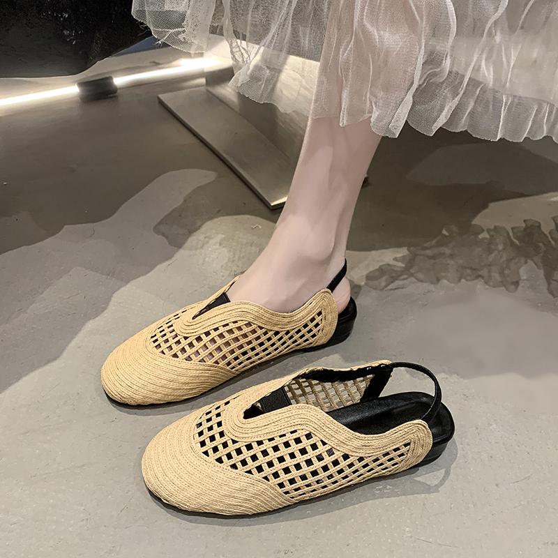 

Мода 2025 Новые дышащие плетеные сандалии-баотоу на плоской подошве, женские летние ретро с круглым носком и мягкой подошвой 40