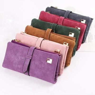 2025 New Fashion Women Wallets Drawstring Nubuck Leather Zipper Wallet Women's Long Design Purse Two Fold More Color Clutch