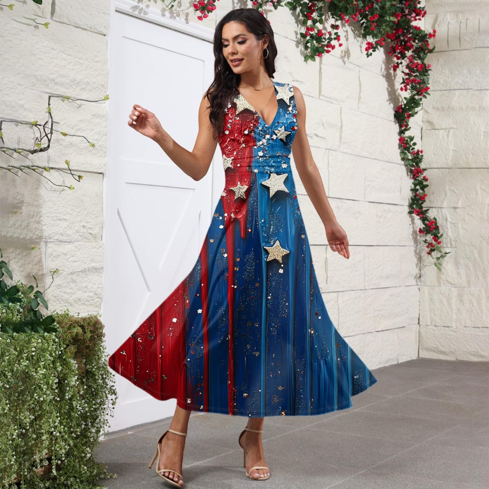 

Women s Casual And Fashionable Independence Day Printed V-Neck Sleeveless Dress Dress L