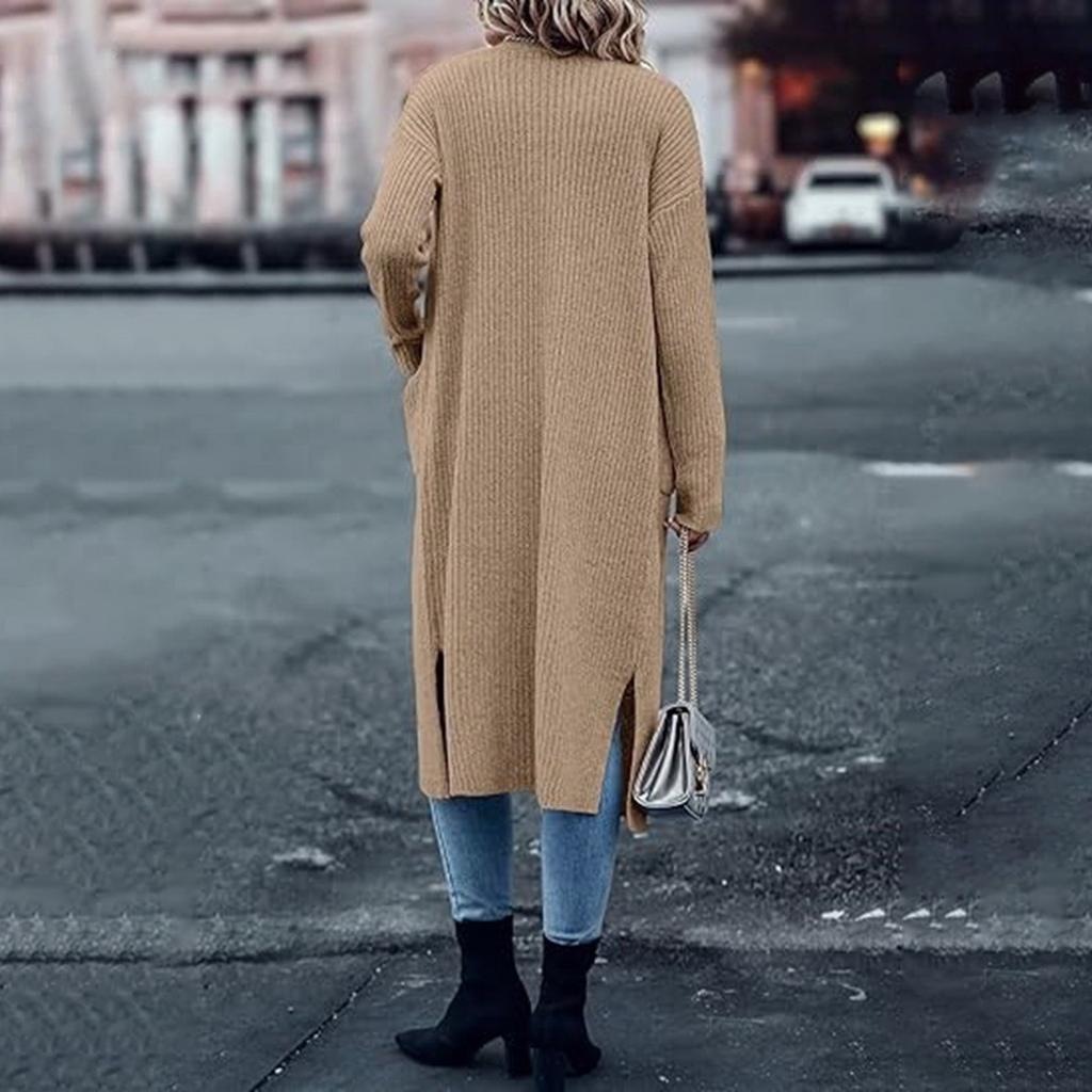Knitted Pocket Cardigan Long Solid Color Women's Loose Coat Sweater