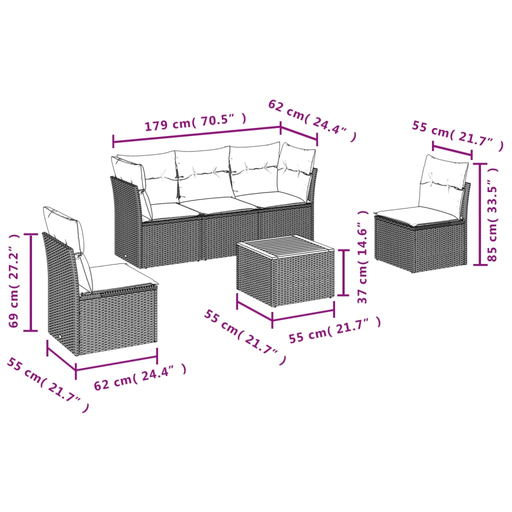 Vidaxl 6-Cz. Garden Furniture Set With Cushions, Black Poly Rattan