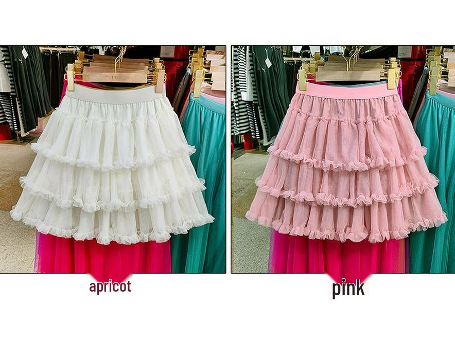 Women's High-Waist Ruffled A-Line Skirt with Mesh Overlay and Safety Lining