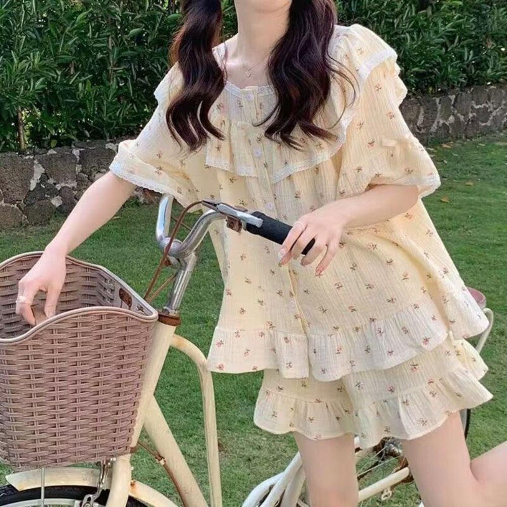 

Lace Ruffle Nightdres Set Ruffle Short Sleeve Sleepwear Comfortable Two Piece Nightwears Girl XXL светло-синий