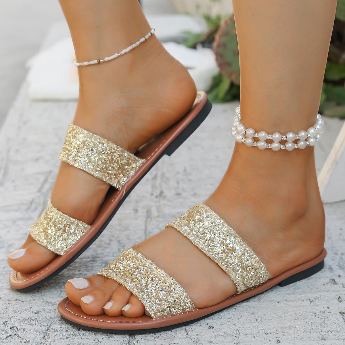 

Fashion Women Slippers 2025 Summer New Sandals Fashion Flat Heel Slippers Bling Rhinestone Narrow Band Beach Shoes Casual Slides Women 43