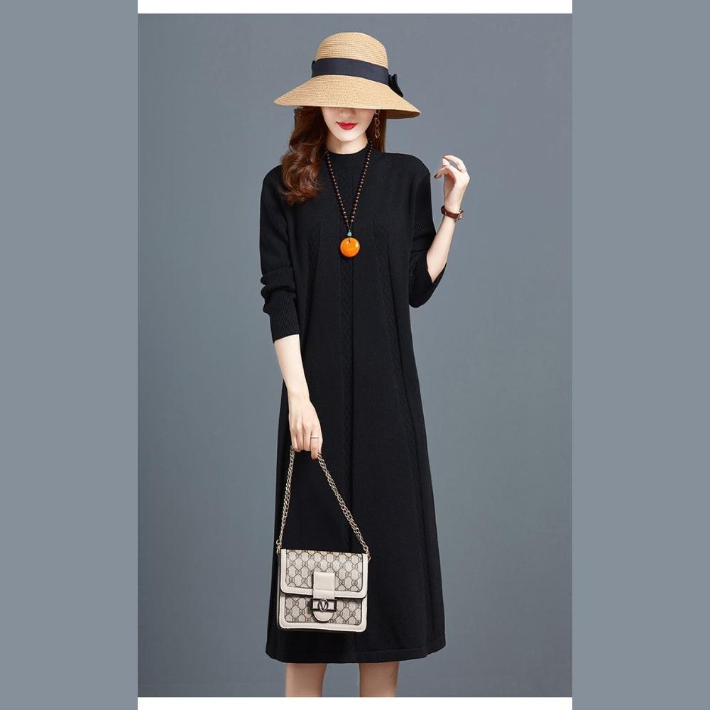 Long Knee-length Knitted Dress for Women In Autumn and Winter Solid Color Loose Plus-size Sweater Dress Half Turtleneck Sweater A-line Dress