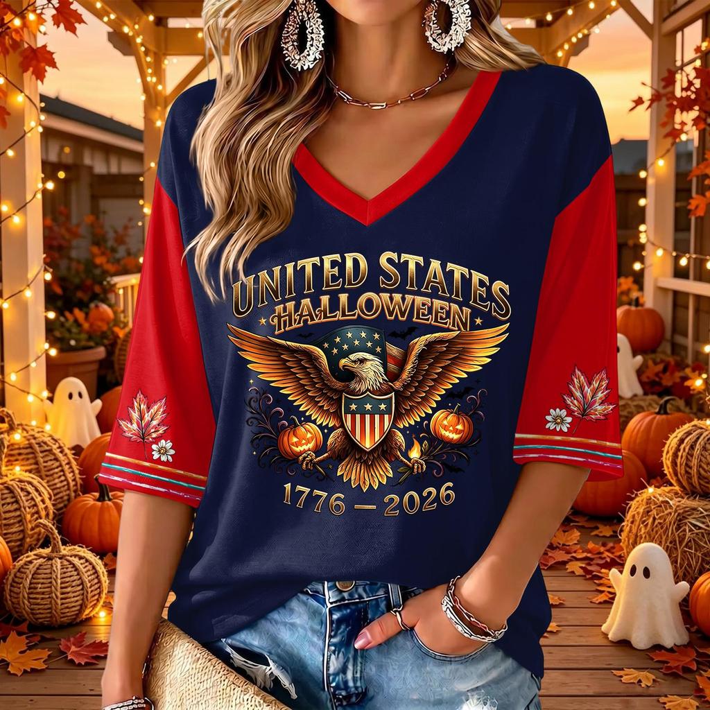 Women's Casual V-Neck Halloween Print Three-Quarter Sleeve Top