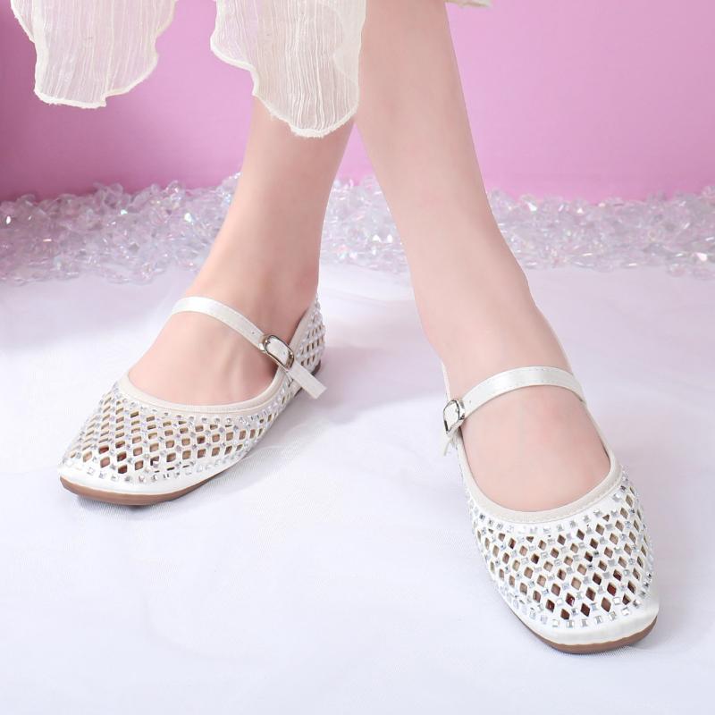 Fashion Low Heel Flats Fashion Round Head Shallow Mouth Sequin Mesh Breathable Line with Soft Sole Anti-slip Wear Sandals