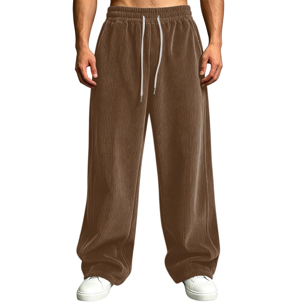 Pantalones de pana para hombre de cintura alta con bolsillos de corte holgado pierna recta ancha color casual