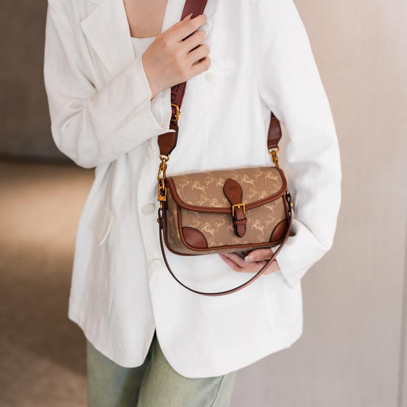 High-end Fashion Small Square Bag Women's New Retro Printing Contrasting Color Saddle Bag Shoulder Bag Messenger Bag Women