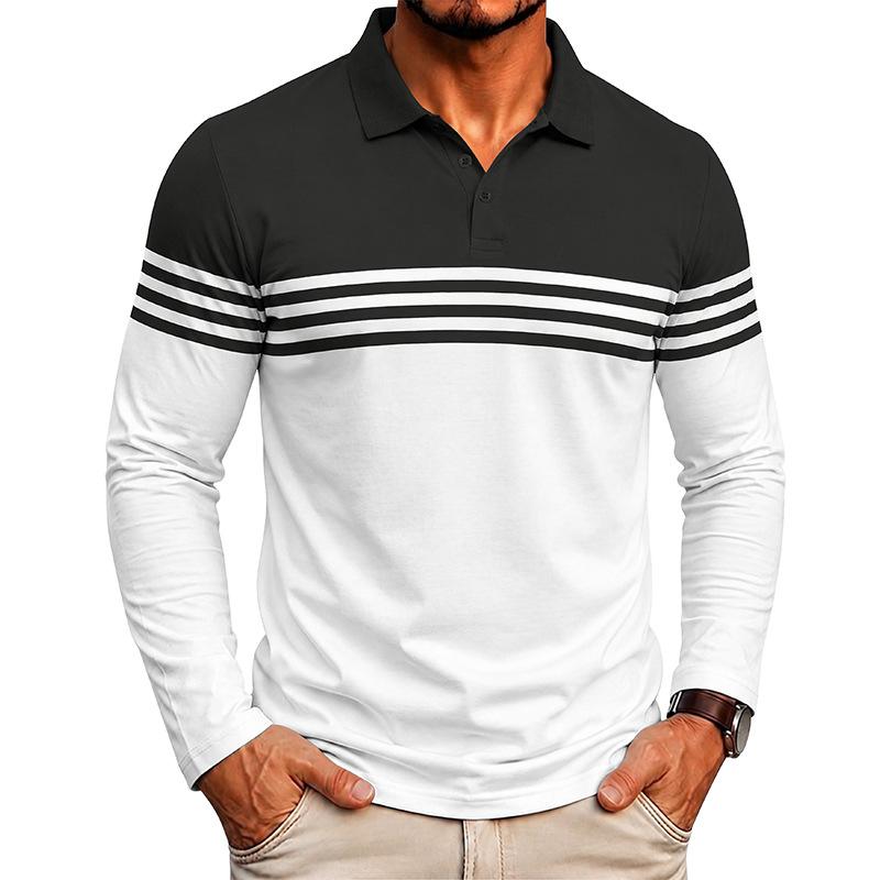 Men's Long Sleeve Polo Shirt with Striped Design, Casual and Versatile for Daily Wear.