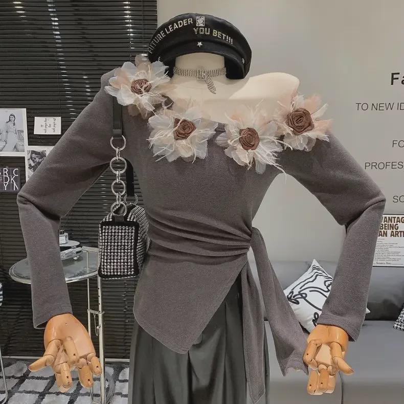 Women's Slim Fit Off-Shoulder Floral Patchwork Long-Sleeve Top