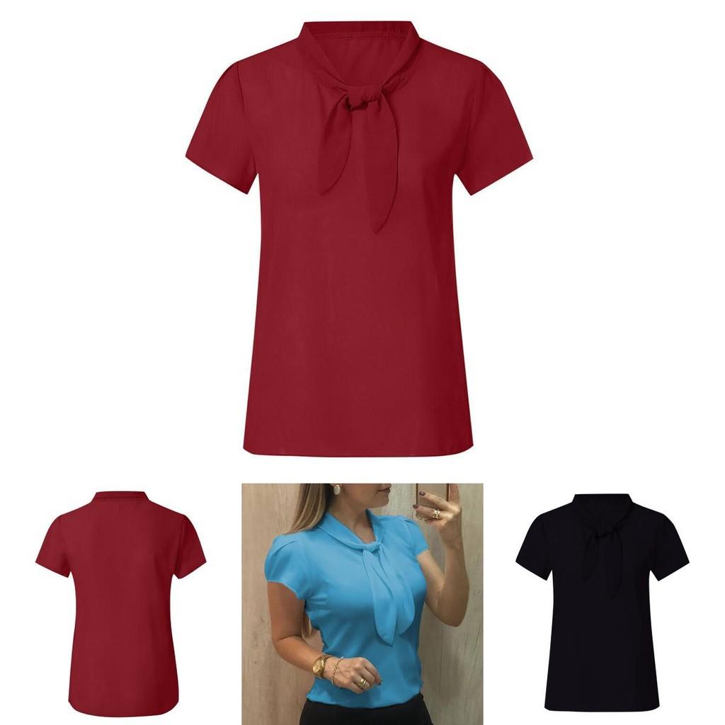 Elegant Women Short Sleeve Bow Chiffon T Shirt Blouse With Breathable Comfort For Ladies