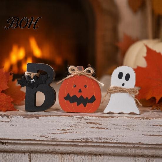 Decorative Tray Landscaping 3 Pcs Halloween Indoor Table Decoration, Cute Ghost Wooden Sign with Jute Rope, Rustic Ornaments Farmhouse BOO Block