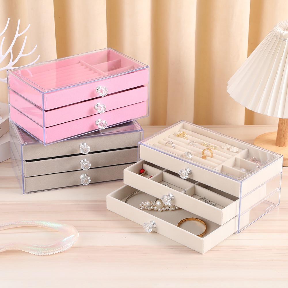 

Прозрачная шкатулка для украшений с тремя ящиками, квадратная фланелевая шкатулка для украшений, серьги, шкатулка для хранения украшений