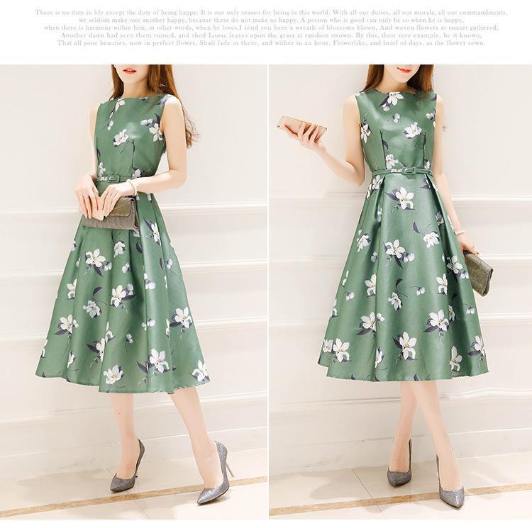 

European station summer new women s clothing Korean version printing medium and long sleeveless dress waist and thin A-shaped skirt 3XL зелений