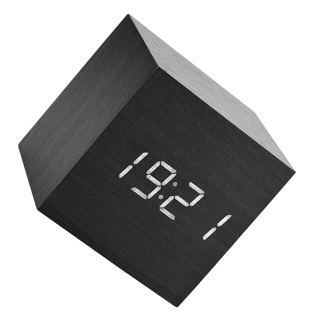 6x6x6cm Wooden Electronic Digital Alarm Desk Clock Temperature LED Display Voice Control