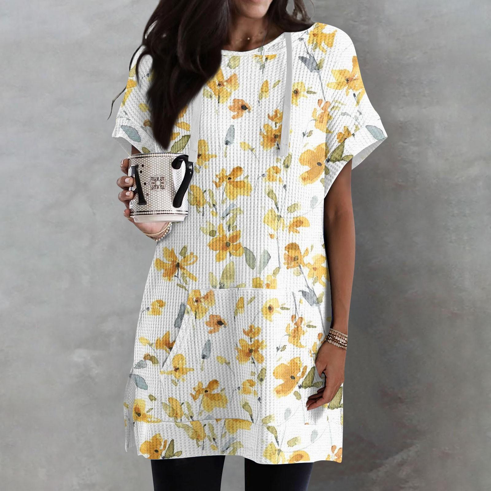 

Жіночі вільні сорочки з принтом, короткими рукавами і шнурками, в’язані туніки з бічним розрізом, капюшоном і кишенею XXL жовтий