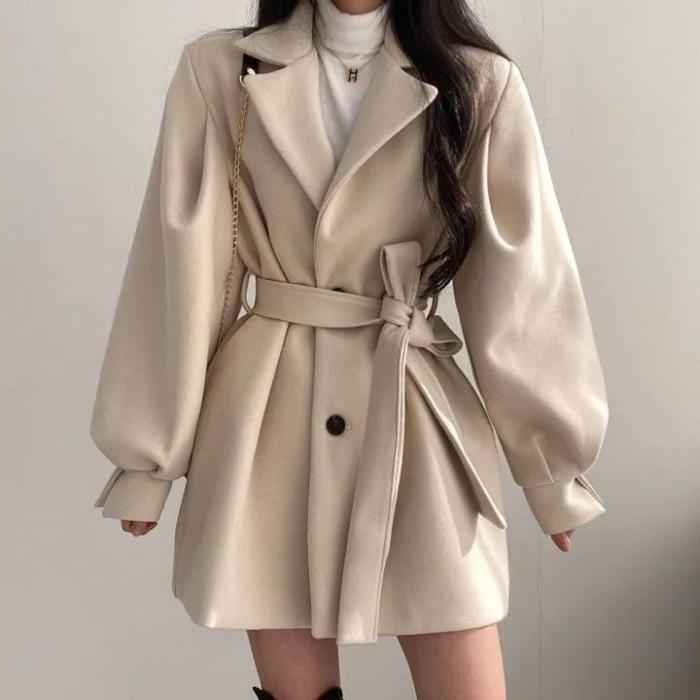 

Korean Chic Autumn/Winter Hepburn Wool Coat - Women s Mid-Length Suit Collar Petite Style. XL