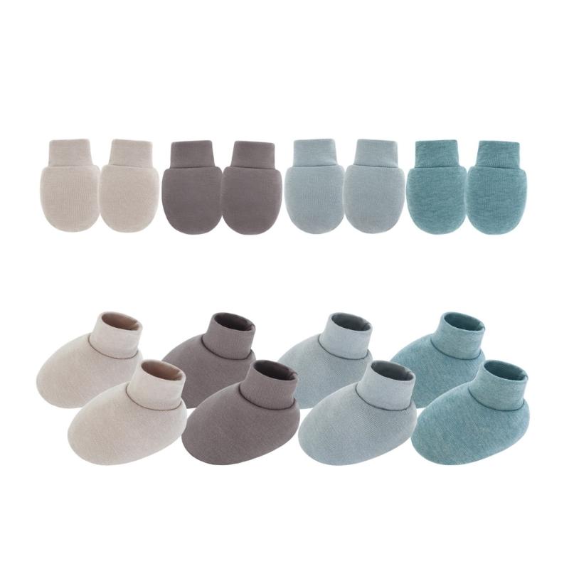 Set of 4 Cotton Infant Anti Scratch Mittens with Elastic Cuffs Feature Soft Breathable Socks & Gloves for Newborns