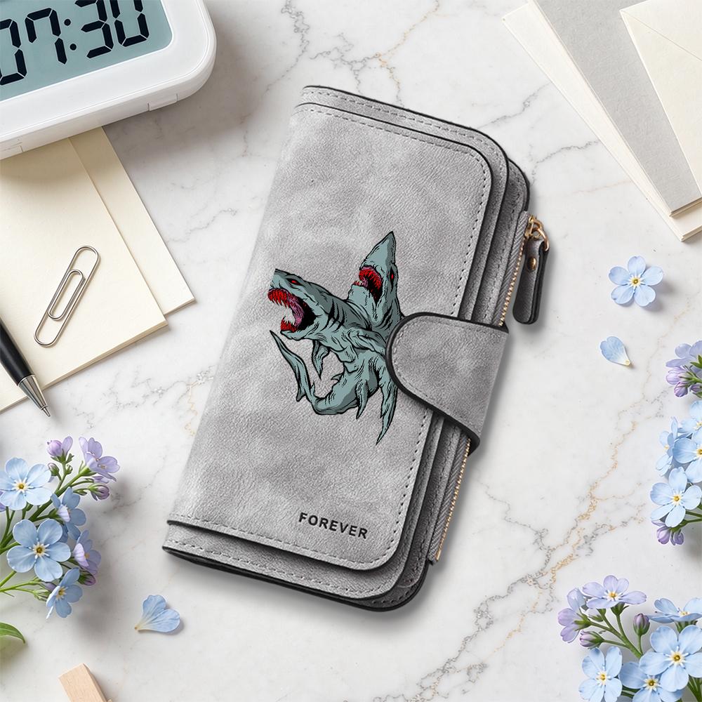 Gothic Double Shark Long Wallet Cool Dark Style Forever Printed Card Holder Fashion Portable Multi Slot Purse for Daily Use