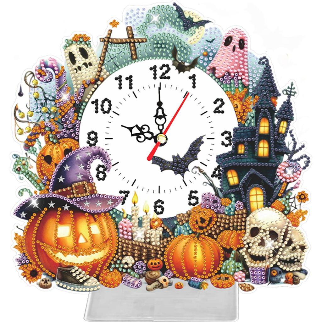 Halloween 2D Flat Acrylic DIY Diamond Painting Clock Kit Diamond Painting Clock Tabletop Decor for Room Decor