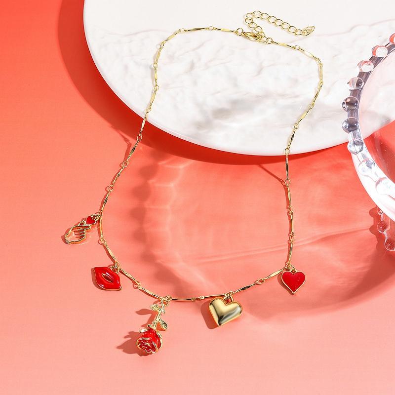 2 Pieces/set of Personalized Heart-shaped Lip Flower Necklace Bracelet, Suitable for Ladies' Valentine's Day Party Gifts