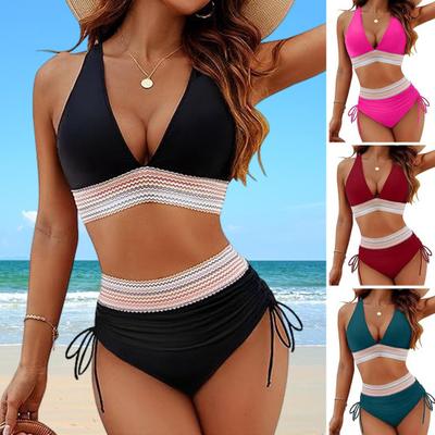 2 ks/sada Dámské letní bikini set s výstřihem do V Patchwork barva podprsenka s vysokým pasem stahovací šňůrkou plavky, rychleschnoucí elastické plážové oblečení