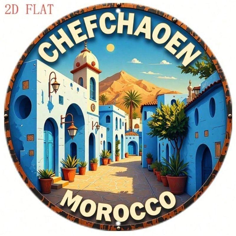 

Metal Wall Art, Chefchaouen Blue Moroccan Round Sign, Mountain Street Design Home Decor