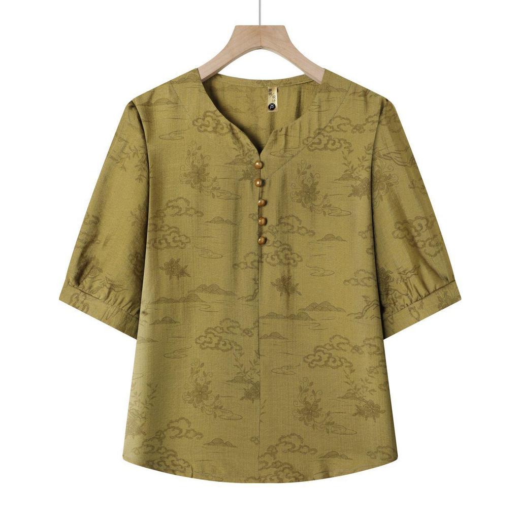 Ethnic Style Cotton Linen Two-Piece Set for Elderly Women - T-Shirt & Pants Summer Outfit