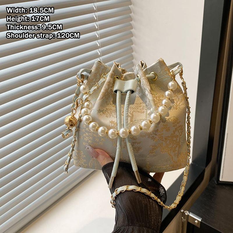 

Pearl Chain Bucket Bag Women s Shoulder Bag Simple New Chinese Style Retro Crossbody Bag one size синій