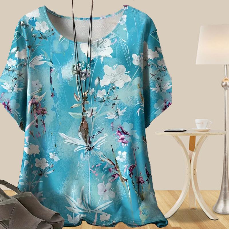 

Женская повседневная свободная весенняя рубашка, женские топы с коротким рукавом и принтом «Лепестки любви» 5XL синий
