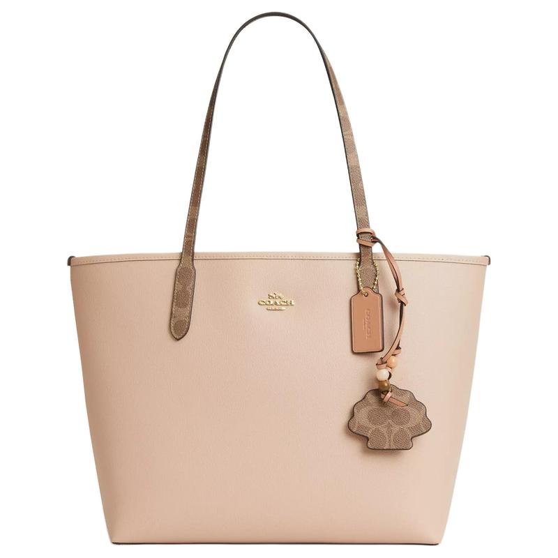 

COACH shoulder bag City 33 monogram shell charm tote tote shopping double-sided pebbled leather and printed coated canvas large women s cream and tan коричневий