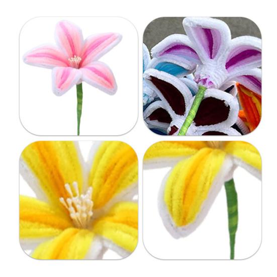 Finished Pipe Cleaner Flower Handmade Long Stem Lily Flower Craft Preserved Fake Flowers Gift for Anniversary Birthday Mother's Day