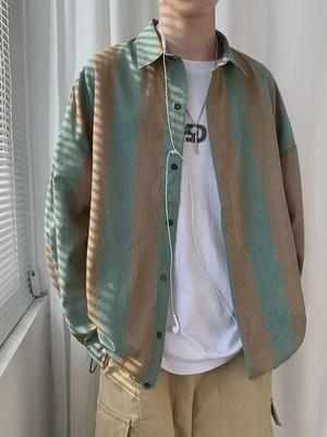 Korean Style Men's Long-Sleeved Vertical Stripe Shirt - Casual, Loose, Trendy for Spring & Autumn