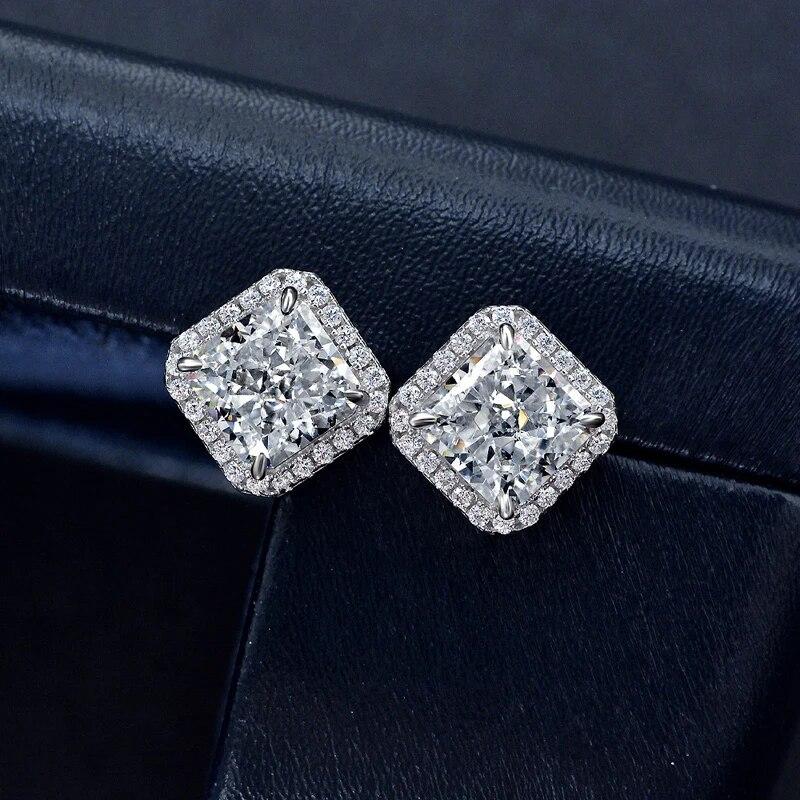 Sterling Silver 100% 925 7*7mm Aquamarine Yellow Pink High Carbon Diamond Stud Earrings For Women Sparkling Fine Jewelry