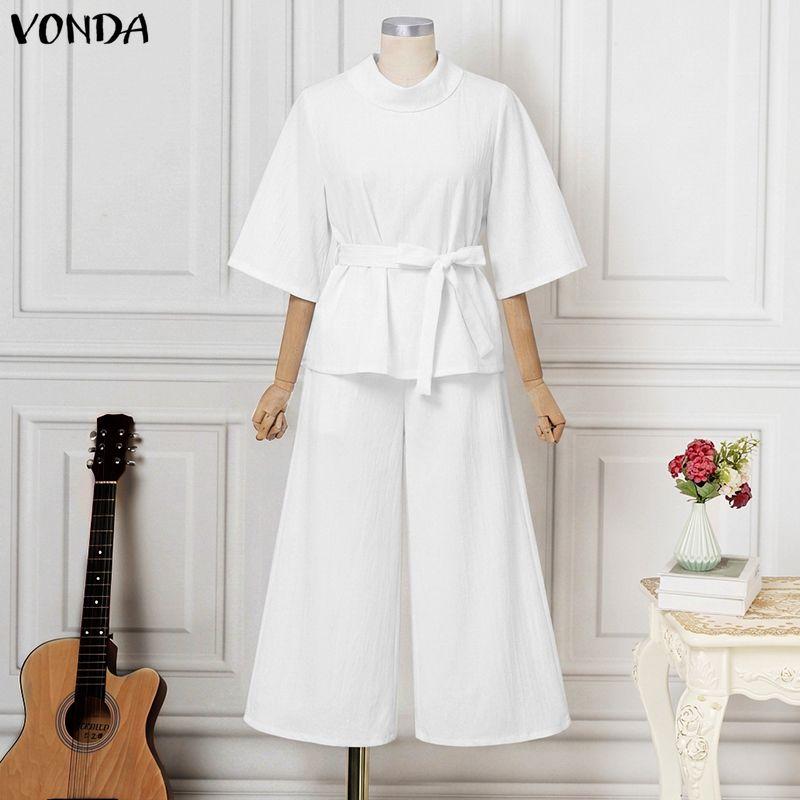 VONDA 2PCS Women Batwing Sleeve Belt Blouse and Pants Casual Oversized Two Picecs Sets Outfits